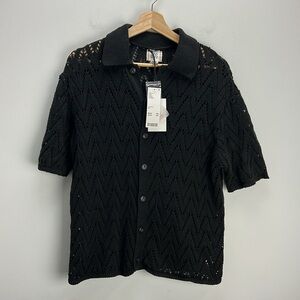 Urban Outfitters BDG Black Open Knit Oxford Top Crochet Button Down Mens Medium
